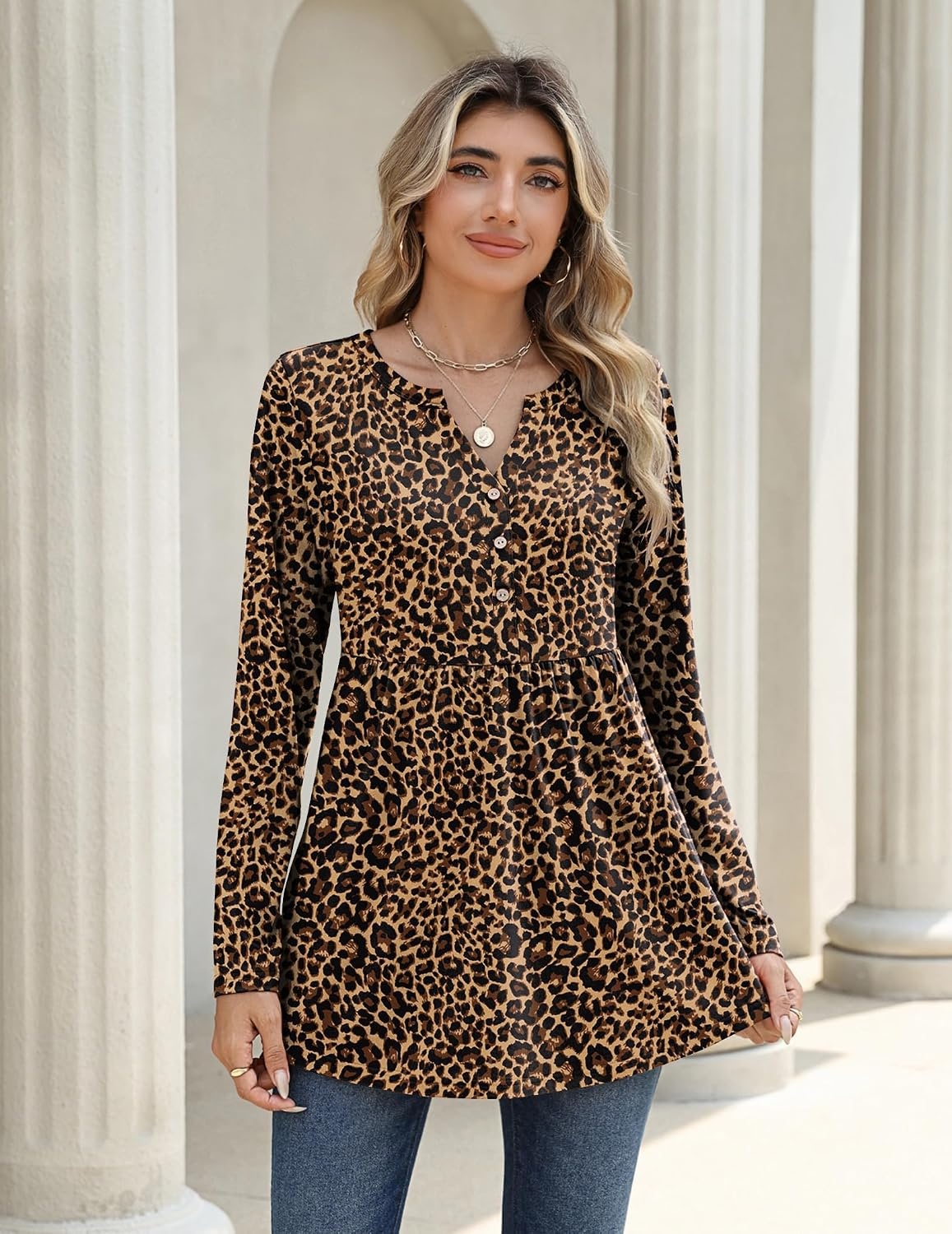 image:imageZeagoo Women Blouses Long Sleeve Top Boho Henley Vneck Pleated Fall TunicLeopard Print