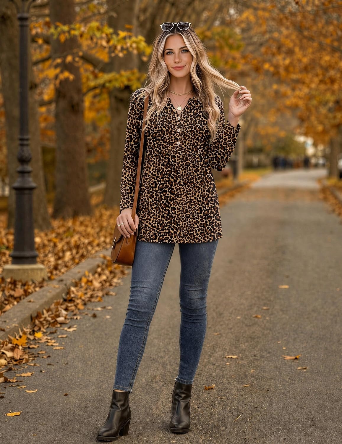 image:imageZeagoo Women Blouses Long Sleeve Top Boho Henley Vneck Pleated Fall TunicLeopard Print