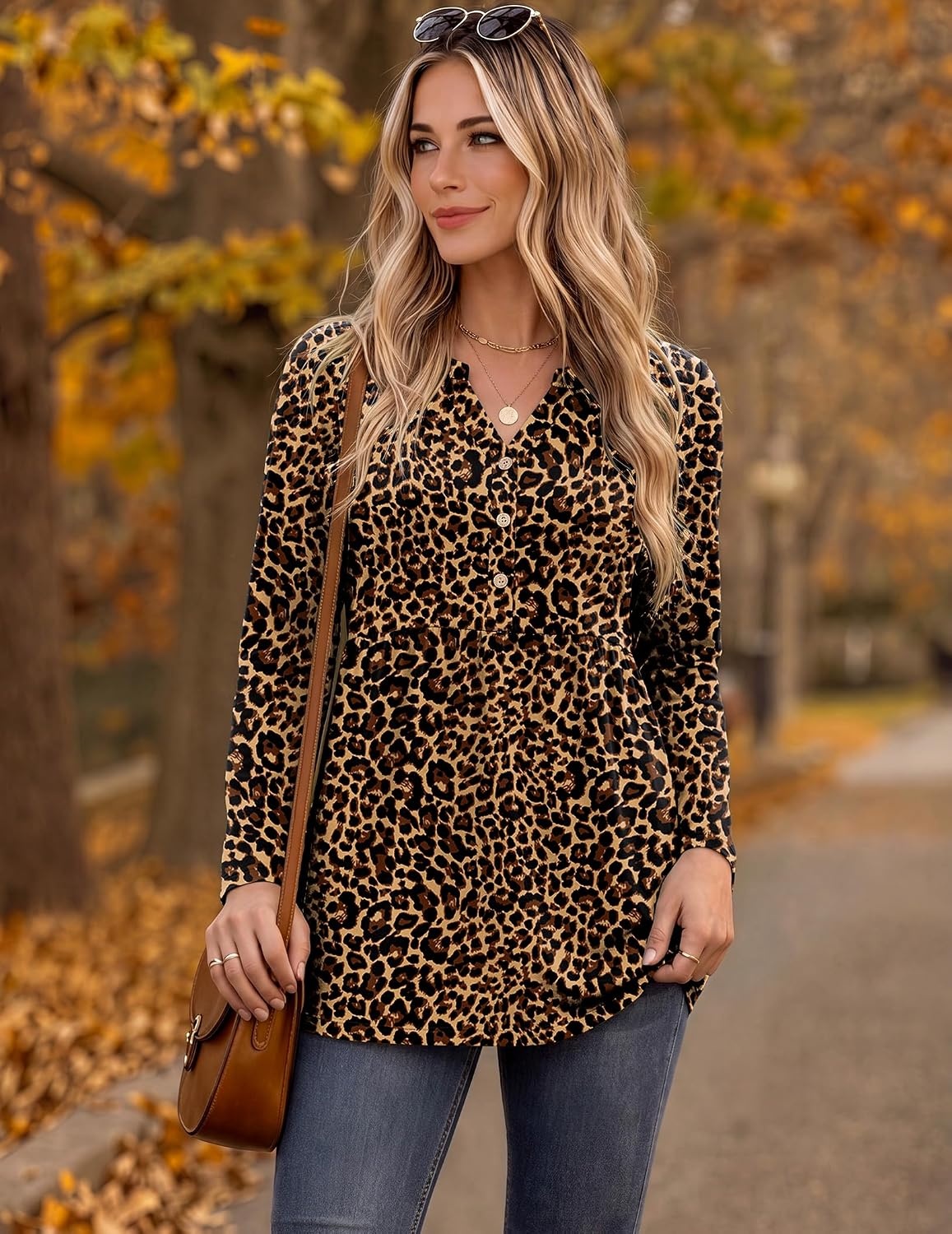 image:imageZeagoo Women Blouses Long Sleeve Top Boho Henley Vneck Pleated Fall TunicLeopard Print