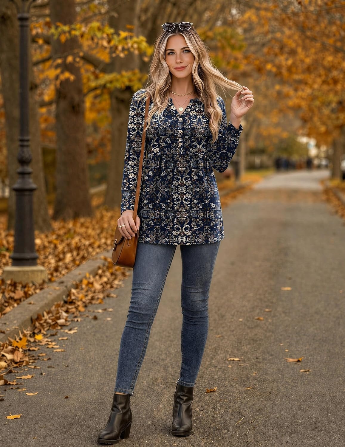 image:imageZeagoo Women Blouses Long Sleeve Top Boho Henley Vneck Pleated Fall TunicMulticolor 1