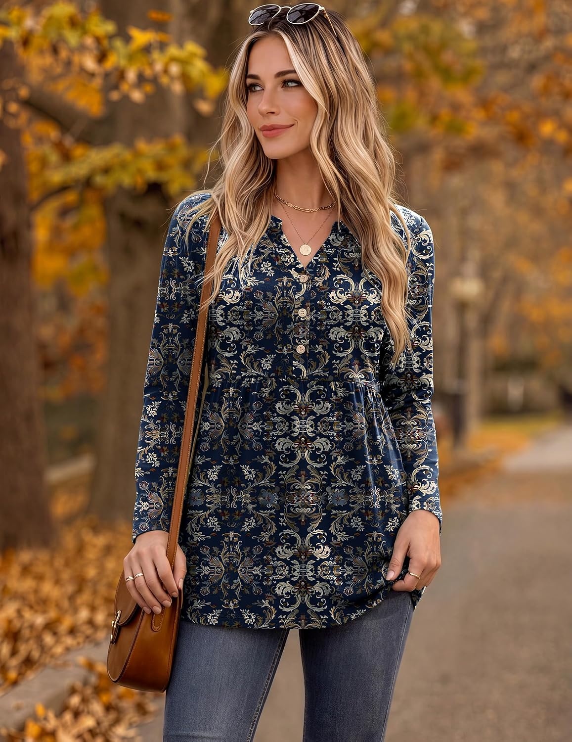image:imageZeagoo Women Blouses Long Sleeve Top Boho Henley Vneck Pleated Fall TunicMulticolor 1