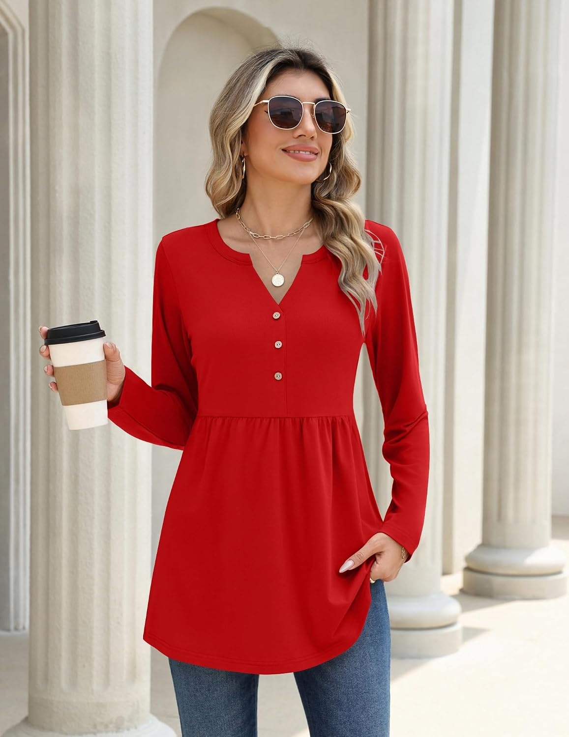 image:imageZeagoo Women Blouses Long Sleeve Top Boho Henley Vneck Pleated Fall TunicRed
