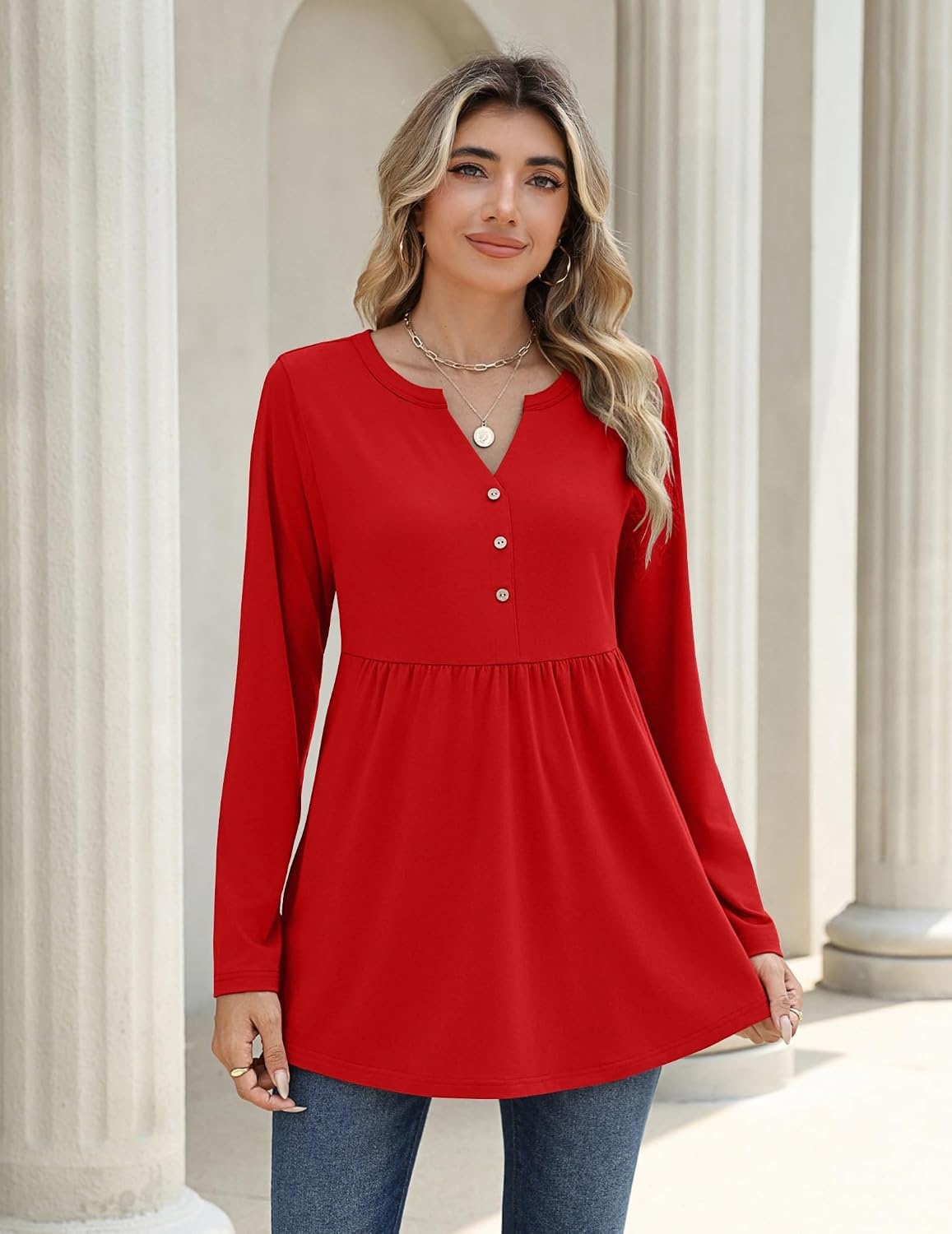 image:imageZeagoo Women Blouses Long Sleeve Top Boho Henley Vneck Pleated Fall TunicRed