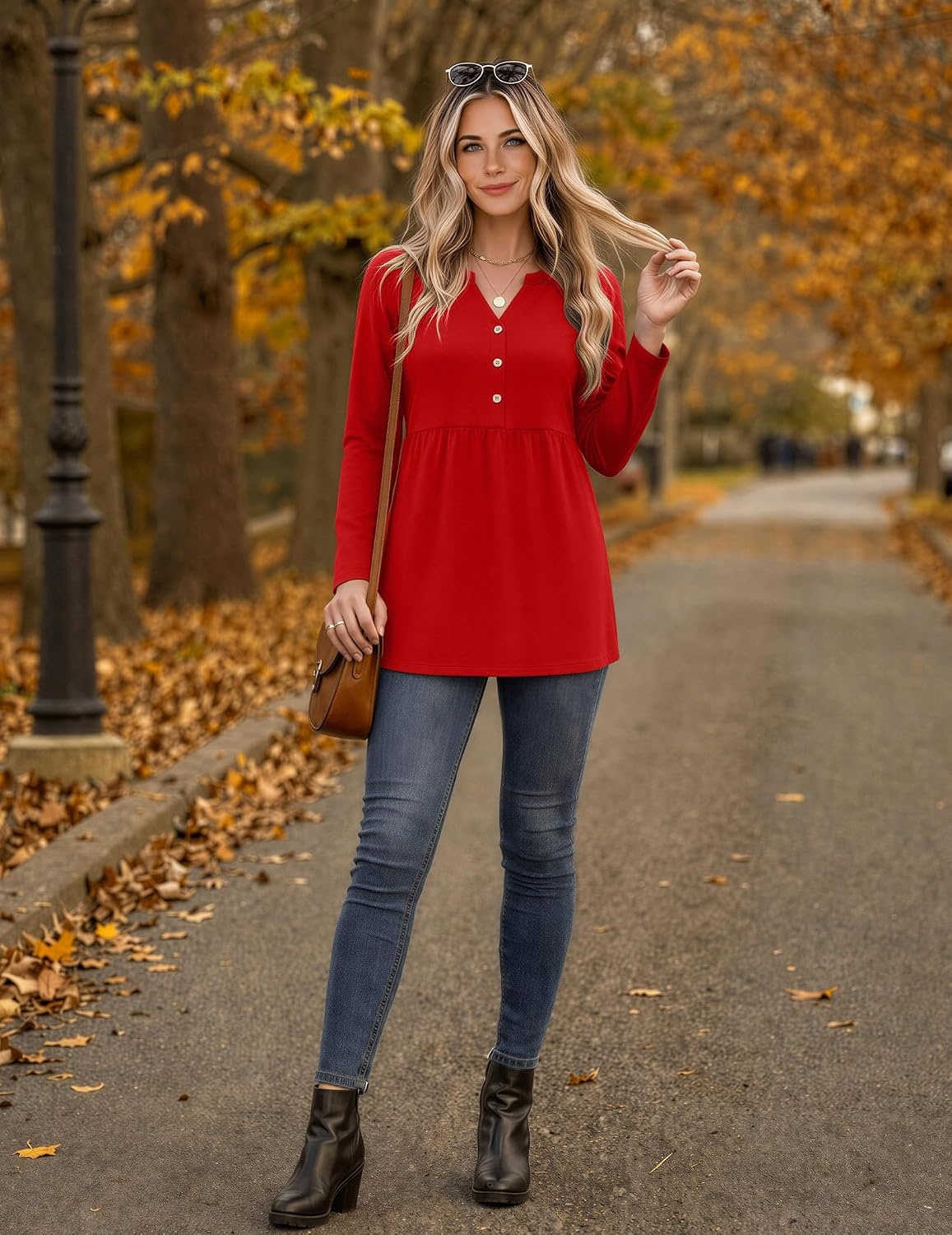 image:imageZeagoo Women Blouses Long Sleeve Top Boho Henley Vneck Pleated Fall TunicRed