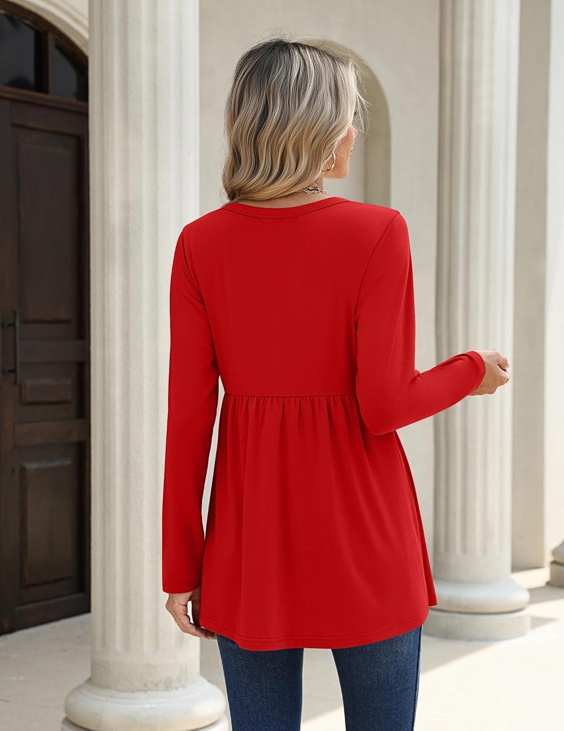 image:imageZeagoo Women Blouses Long Sleeve Top Boho Henley Vneck Pleated Fall TunicRed