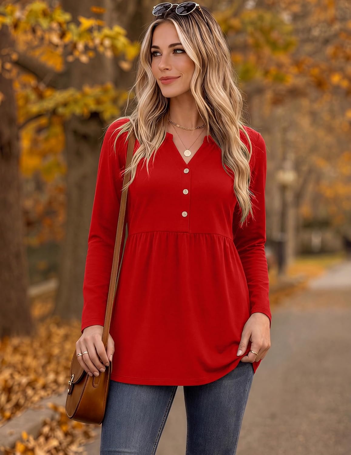 image:imageZeagoo Women Blouses Long Sleeve Top Boho Henley Vneck Pleated Fall TunicRed