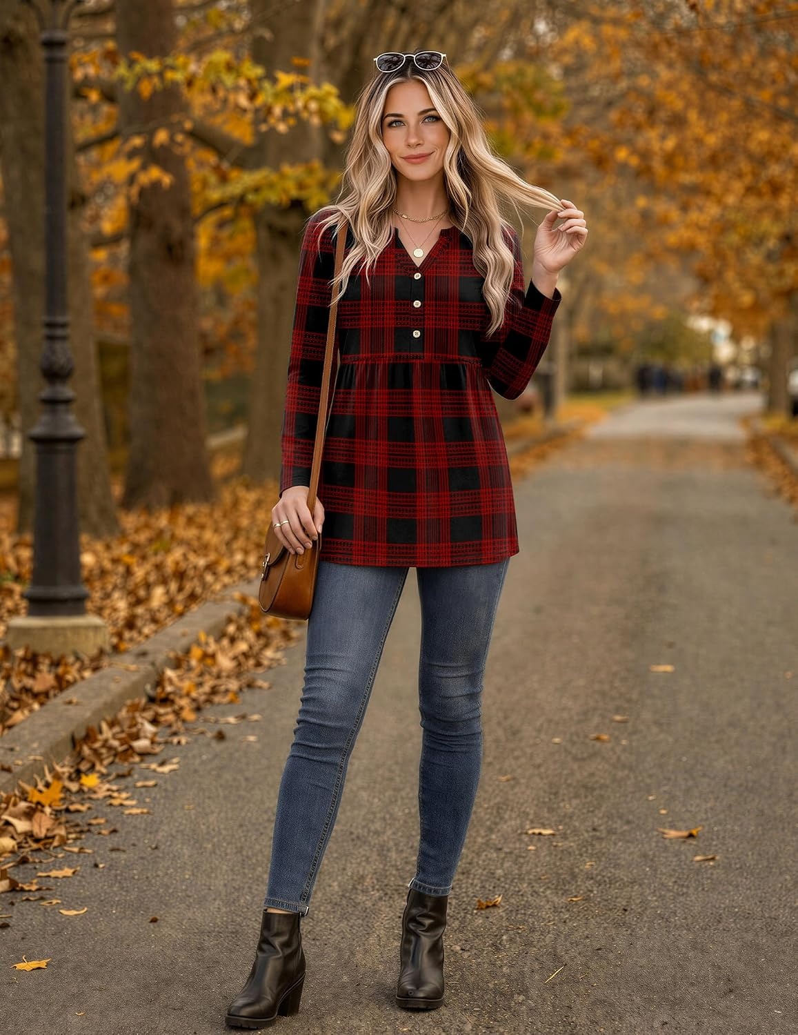image:imageZeagoo Women Blouses Long Sleeve Top Boho Henley Vneck Pleated Fall TunicRed Plaid