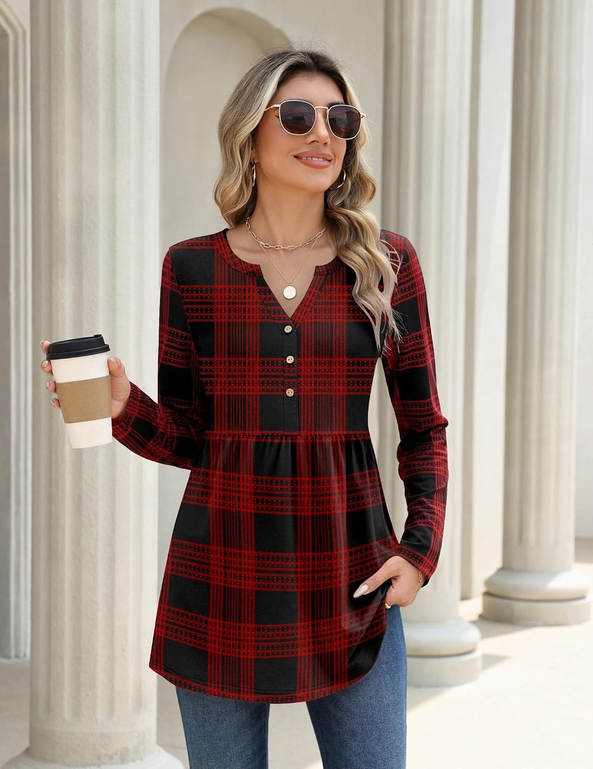 image:imageZeagoo Women Blouses Long Sleeve Top Boho Henley Vneck Pleated Fall TunicRed Plaid