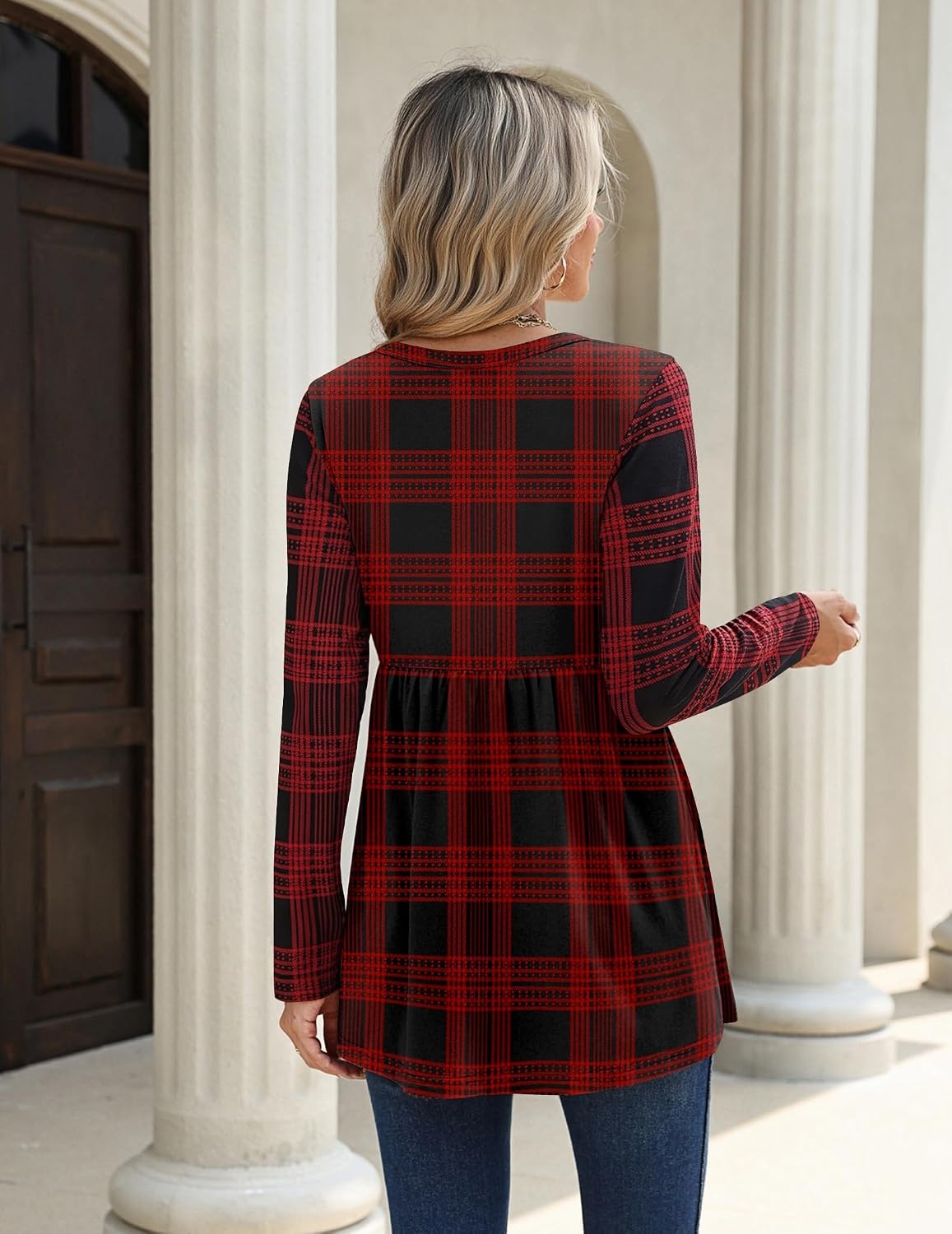 image:imageZeagoo Women Blouses Long Sleeve Top Boho Henley Vneck Pleated Fall TunicRed Plaid