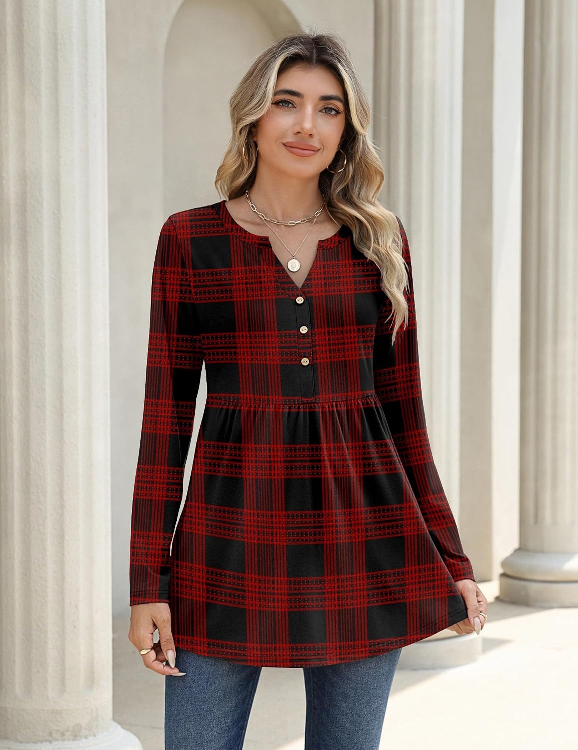 image:imageZeagoo Women Blouses Long Sleeve Top Boho Henley Vneck Pleated Fall TunicRed Plaid