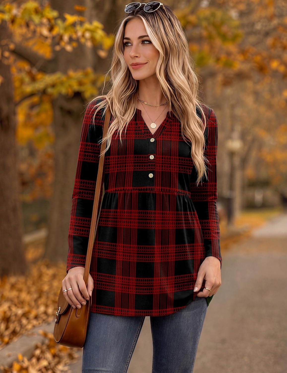image:imageZeagoo Women Blouses Long Sleeve Top Boho Henley Vneck Pleated Fall TunicRed Plaid
