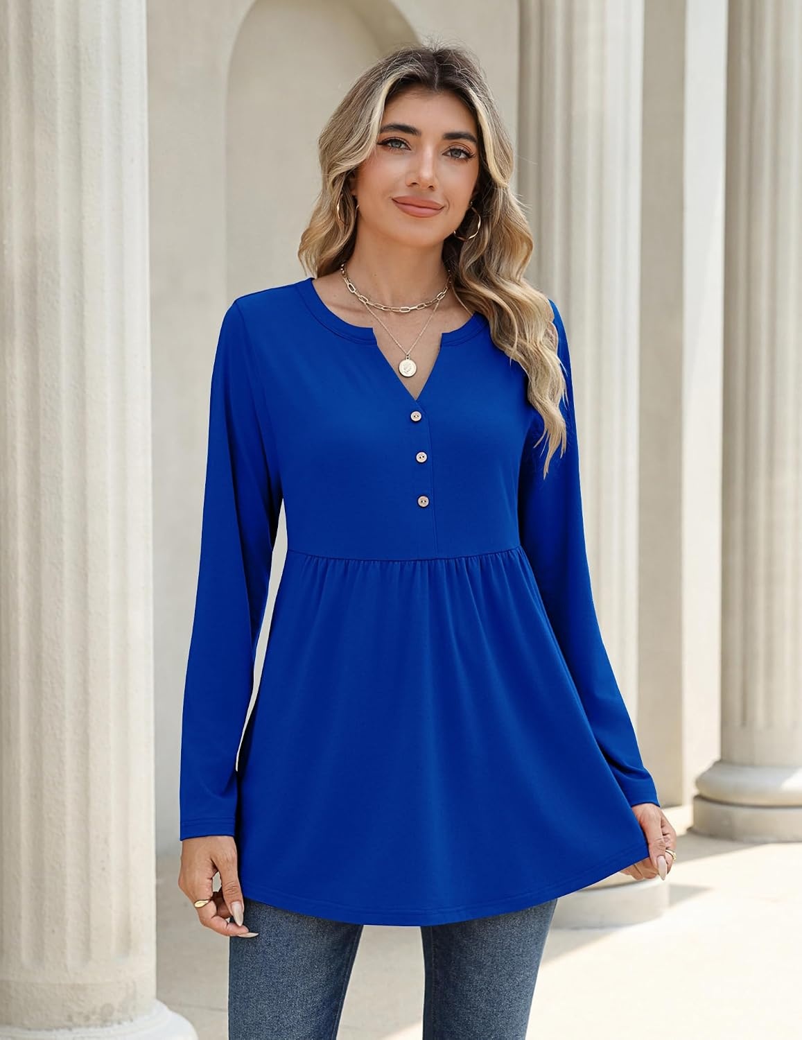 image:imageZeagoo Women Blouses Long Sleeve Top Boho Henley Vneck Pleated Fall TunicRoyal Blue