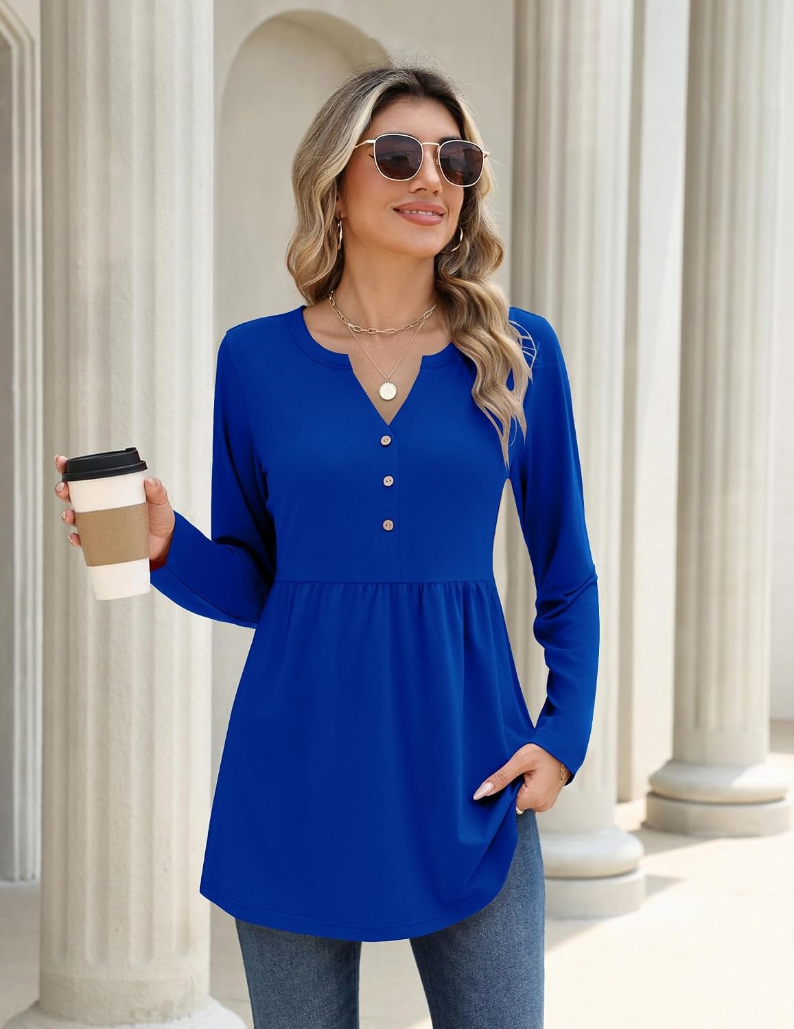 image:imageZeagoo Women Blouses Long Sleeve Top Boho Henley Vneck Pleated Fall TunicRoyal Blue