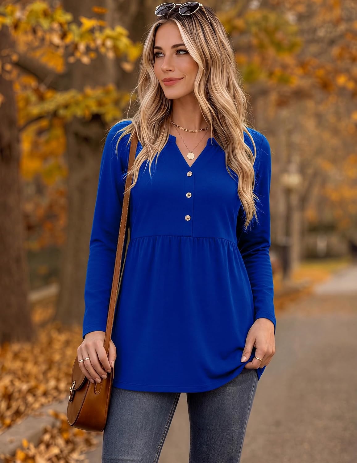 image:imageZeagoo Women Blouses Long Sleeve Top Boho Henley Vneck Pleated Fall TunicRoyal Blue