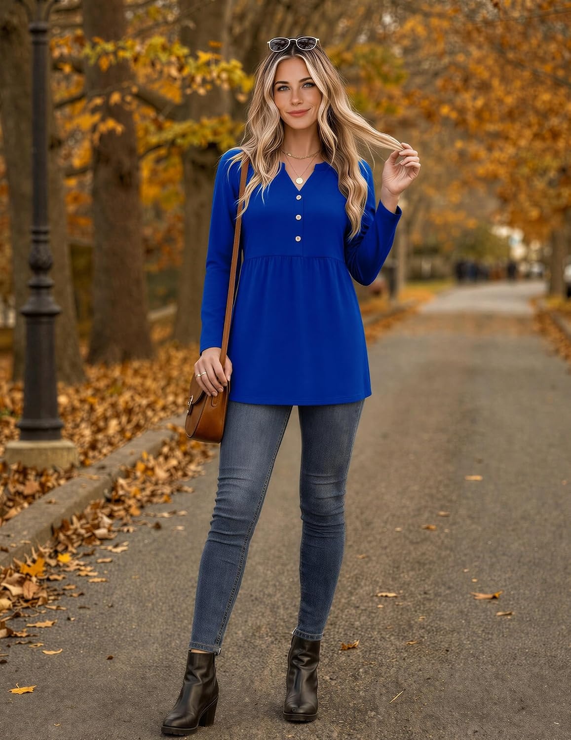 image:imageZeagoo Women Blouses Long Sleeve Top Boho Henley Vneck Pleated Fall TunicRoyal Blue