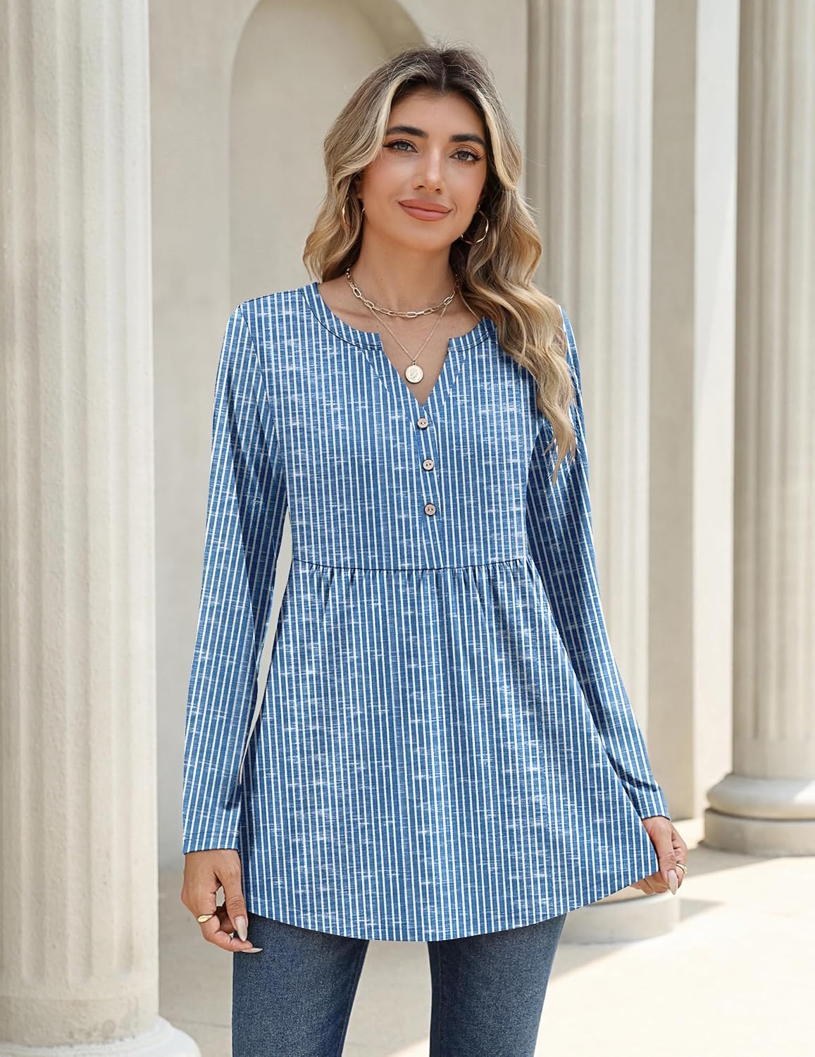 image:imageZeagoo Women Blouses Long Sleeve Top Boho Henley Vneck Pleated Fall TunicStriped Blue
