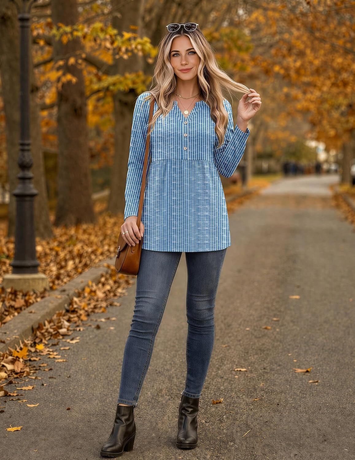 image:imageZeagoo Women Blouses Long Sleeve Top Boho Henley Vneck Pleated Fall TunicStriped Blue