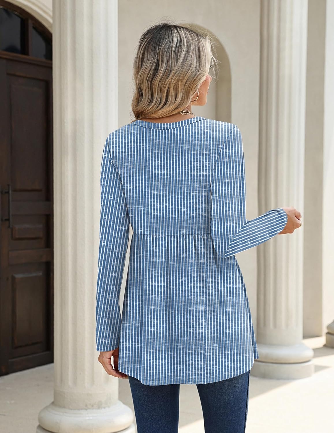 image:imageZeagoo Women Blouses Long Sleeve Top Boho Henley Vneck Pleated Fall TunicStriped Blue