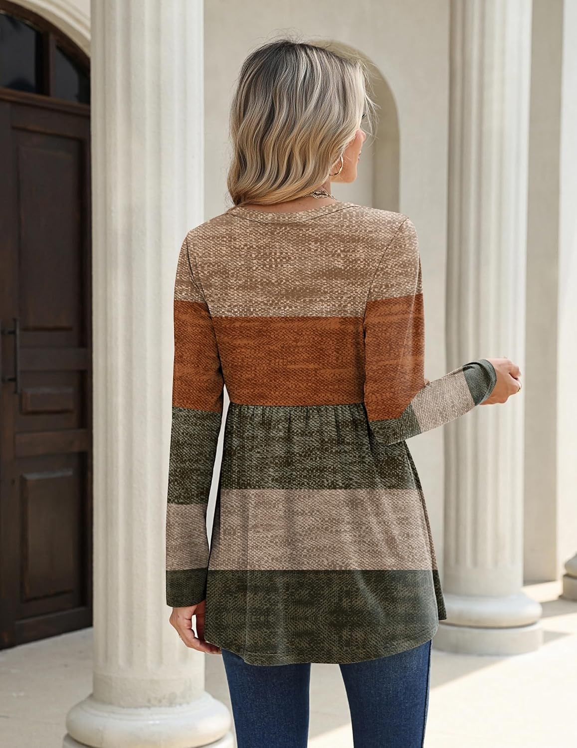 image:imageZeagoo Women Blouses Long Sleeve Top Boho Henley Vneck Pleated Fall TunicStripes 1