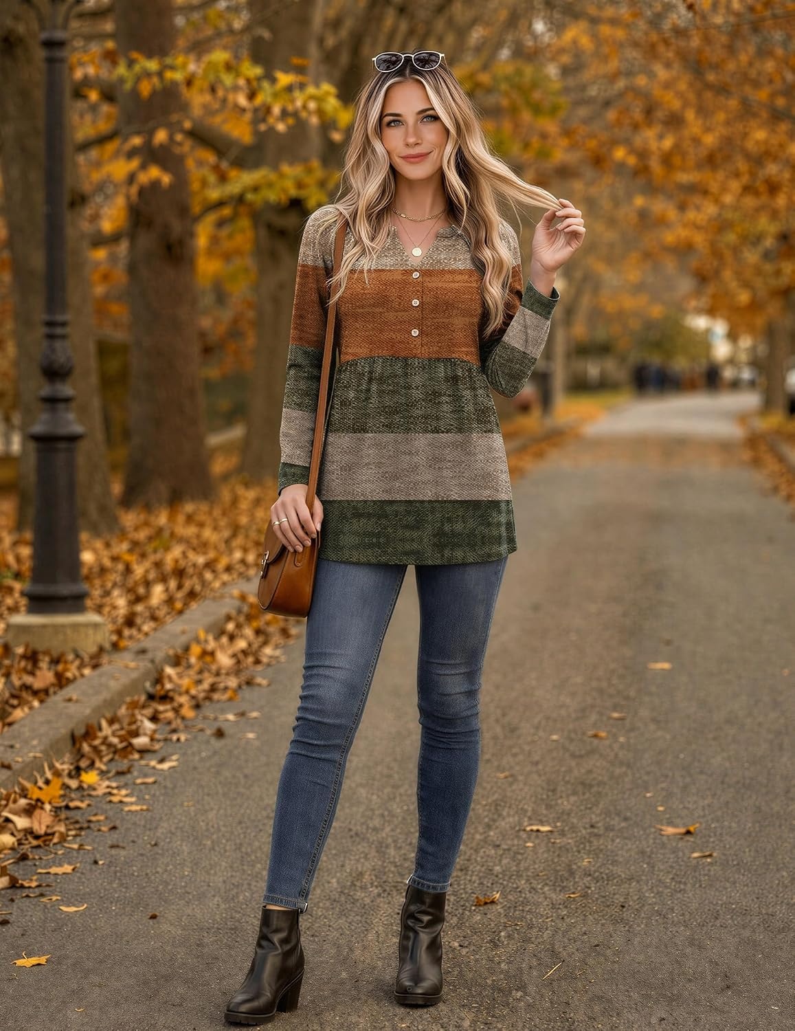 image:imageZeagoo Women Blouses Long Sleeve Top Boho Henley Vneck Pleated Fall TunicStripes 1