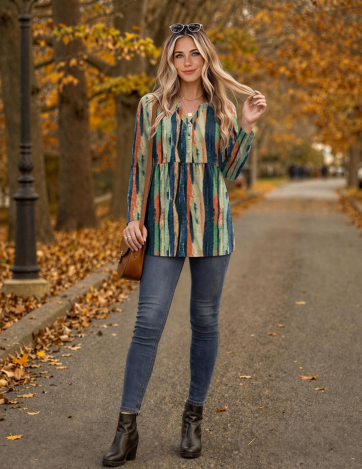 image:imageZeagoo Women Blouses Long Sleeve Top Boho Henley Vneck Pleated Fall TunicStripes 2