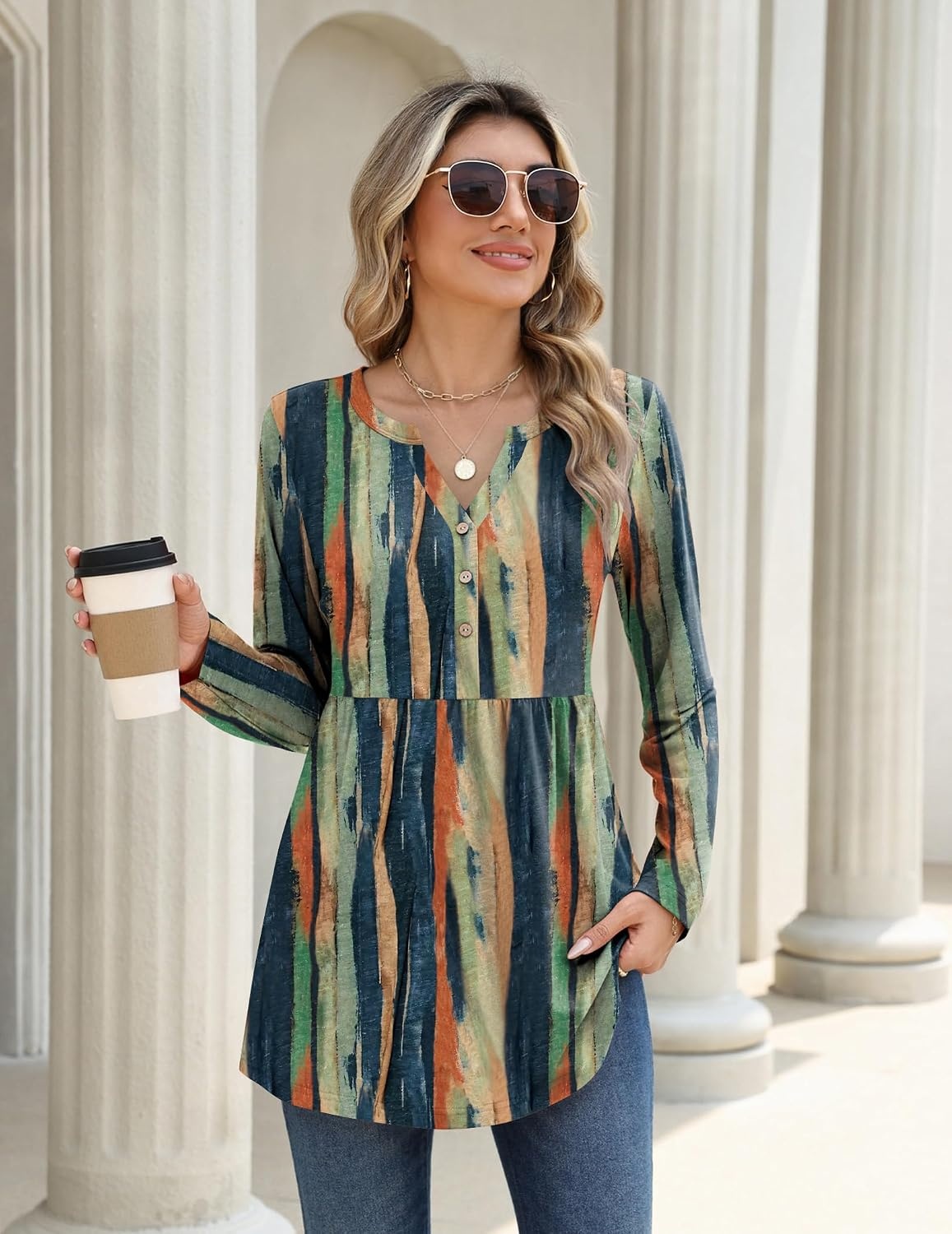 image:imageZeagoo Women Blouses Long Sleeve Top Boho Henley Vneck Pleated Fall TunicStripes 2
