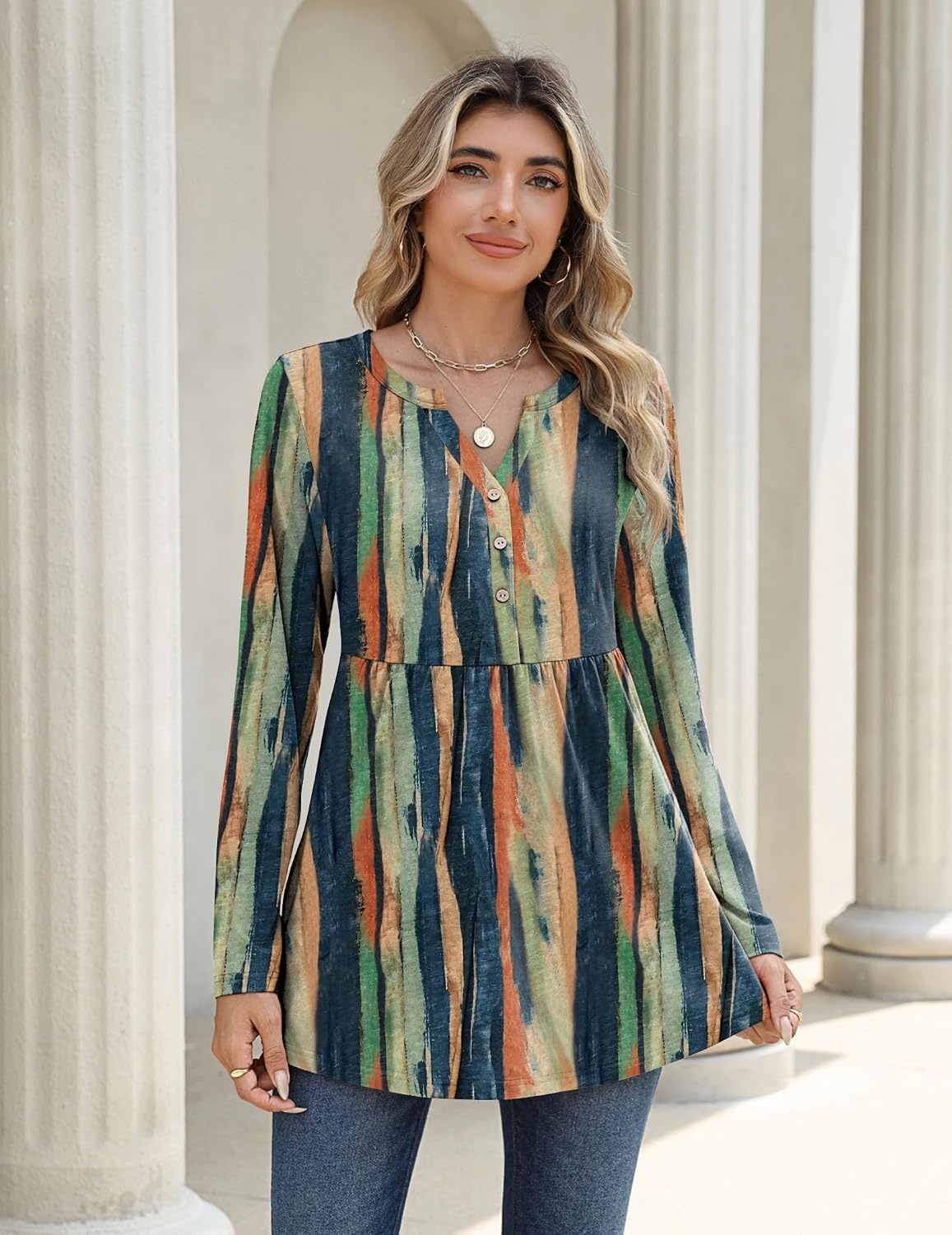 image:imageZeagoo Women Blouses Long Sleeve Top Boho Henley Vneck Pleated Fall TunicStripes 2