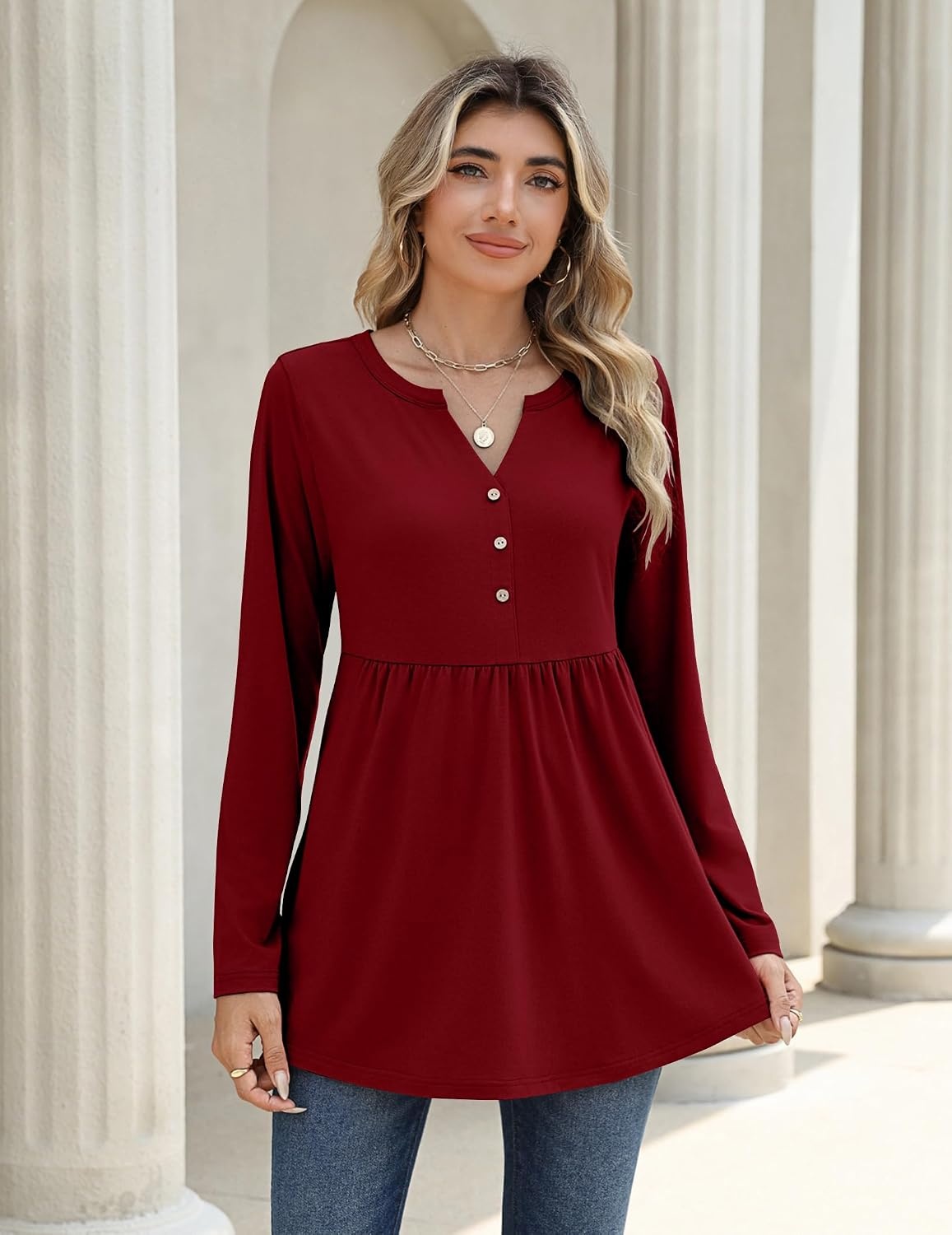 image:imageZeagoo Women Blouses Long Sleeve Top Boho Henley Vneck Pleated Fall TunicWine Red