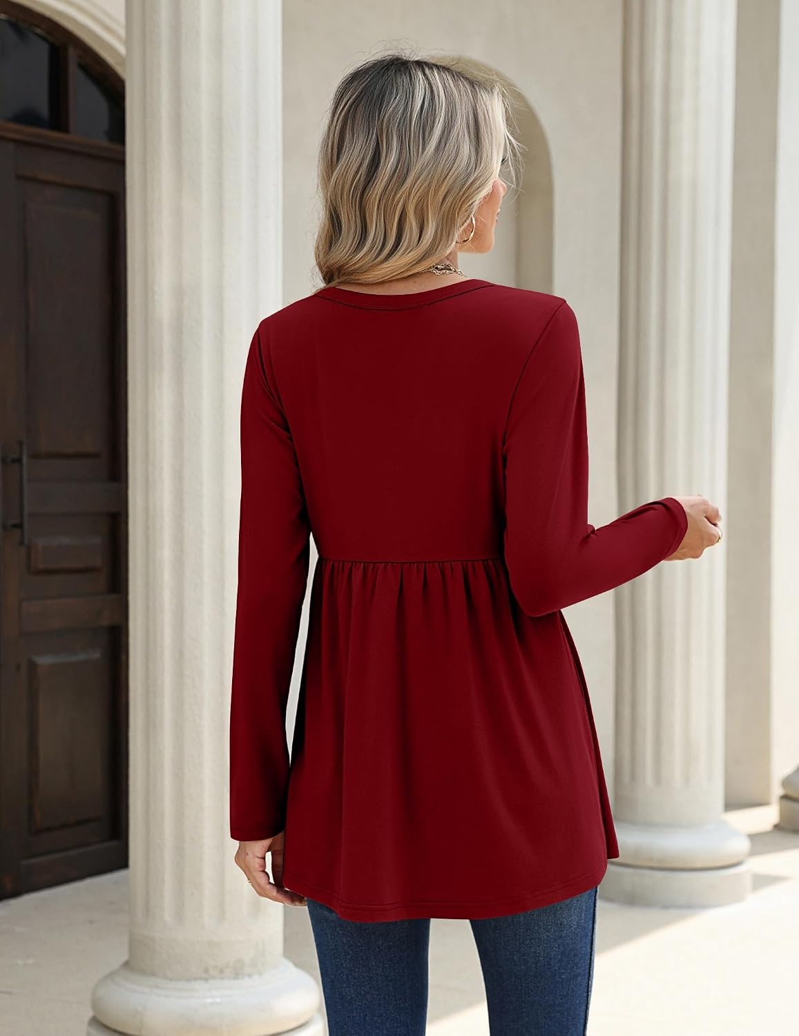 image:imageZeagoo Women Blouses Long Sleeve Top Boho Henley Vneck Pleated Fall TunicWine Red