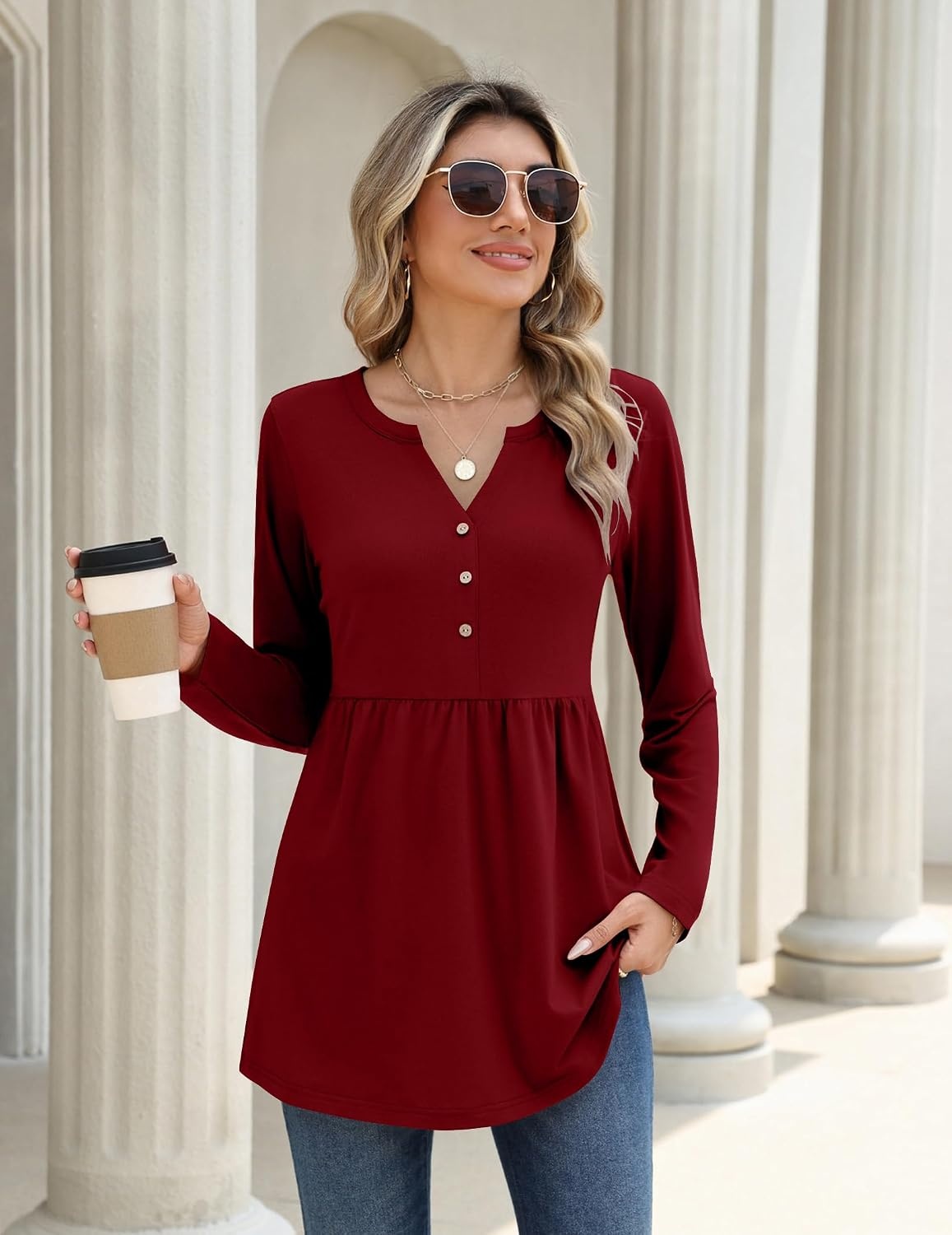 image:imageZeagoo Women Blouses Long Sleeve Top Boho Henley Vneck Pleated Fall TunicWine Red