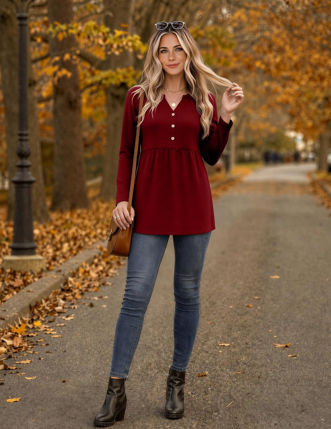 image:imageZeagoo Women Blouses Long Sleeve Top Boho Henley Vneck Pleated Fall TunicWine Red
