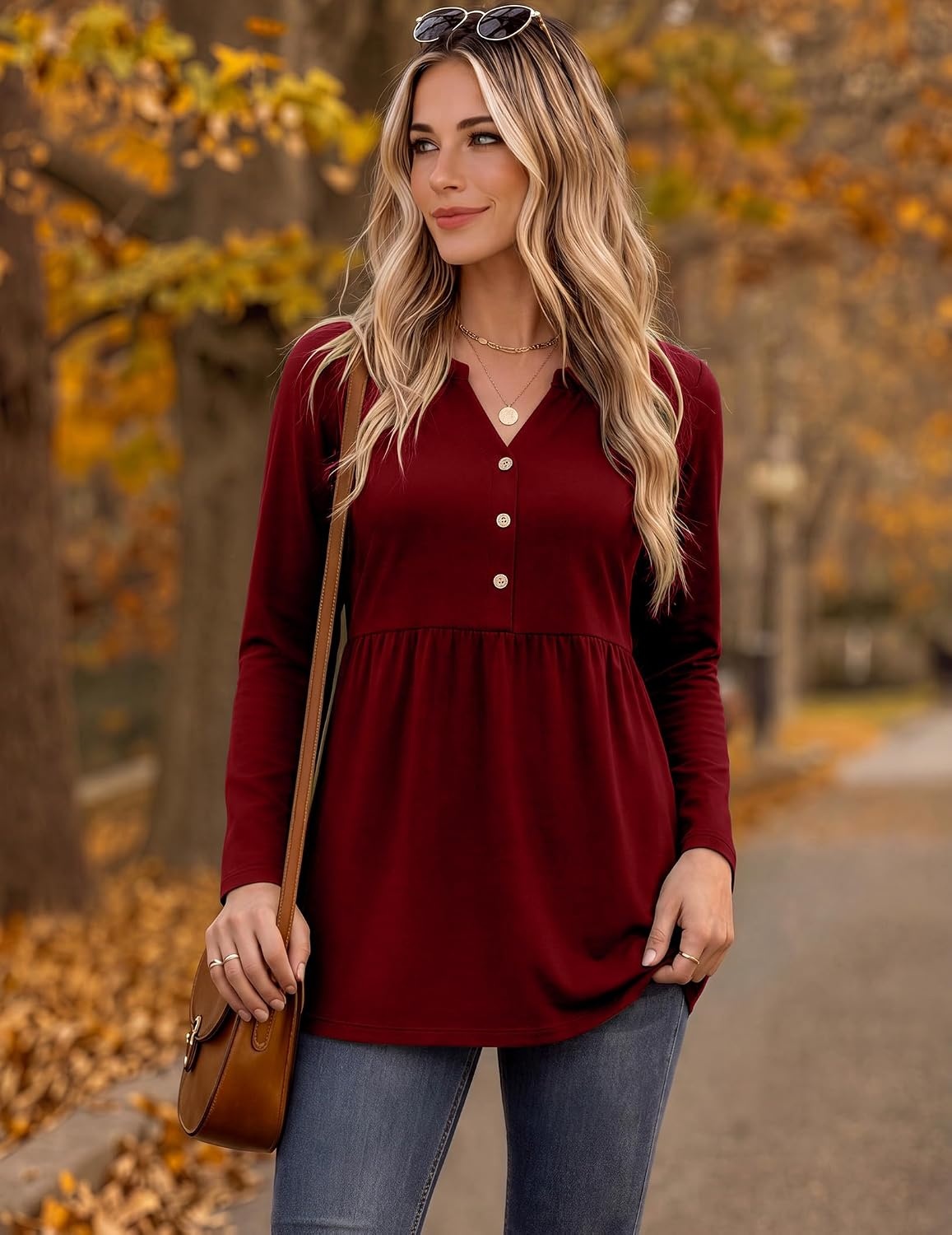image:imageZeagoo Women Blouses Long Sleeve Top Boho Henley Vneck Pleated Fall TunicWine Red