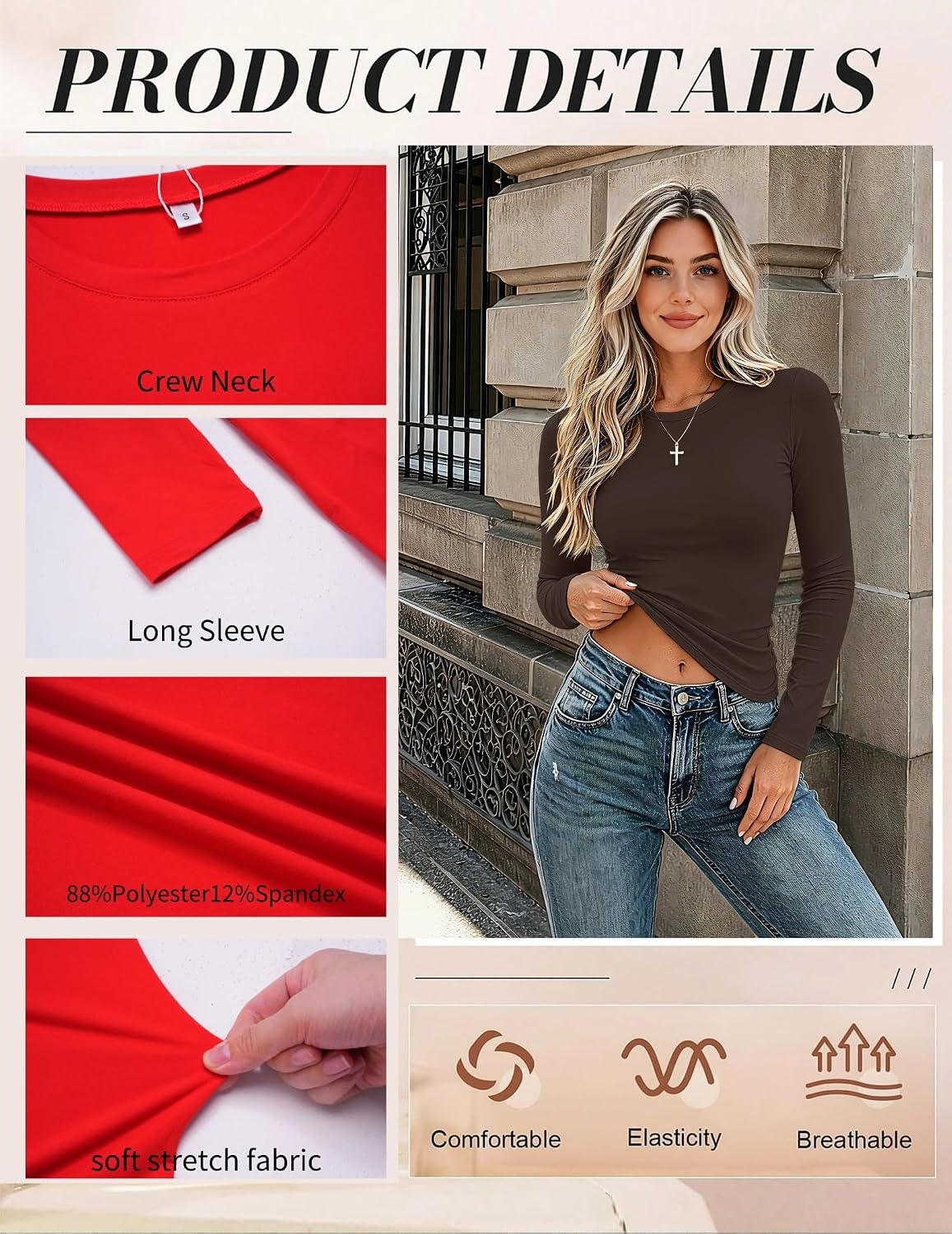 image:imageZeagoo Women Long Sleeve Shirts Slim Fit Going Out Tops Crewneck Basic TeeBrown