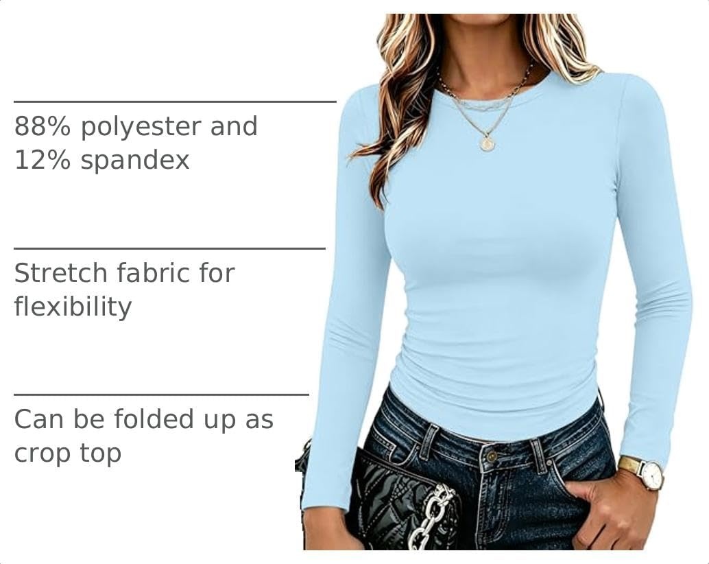 image:imageZeagoo Women Long Sleeve Shirts Slim Fit Going Out Tops Crewneck Basic TeeLight Blue