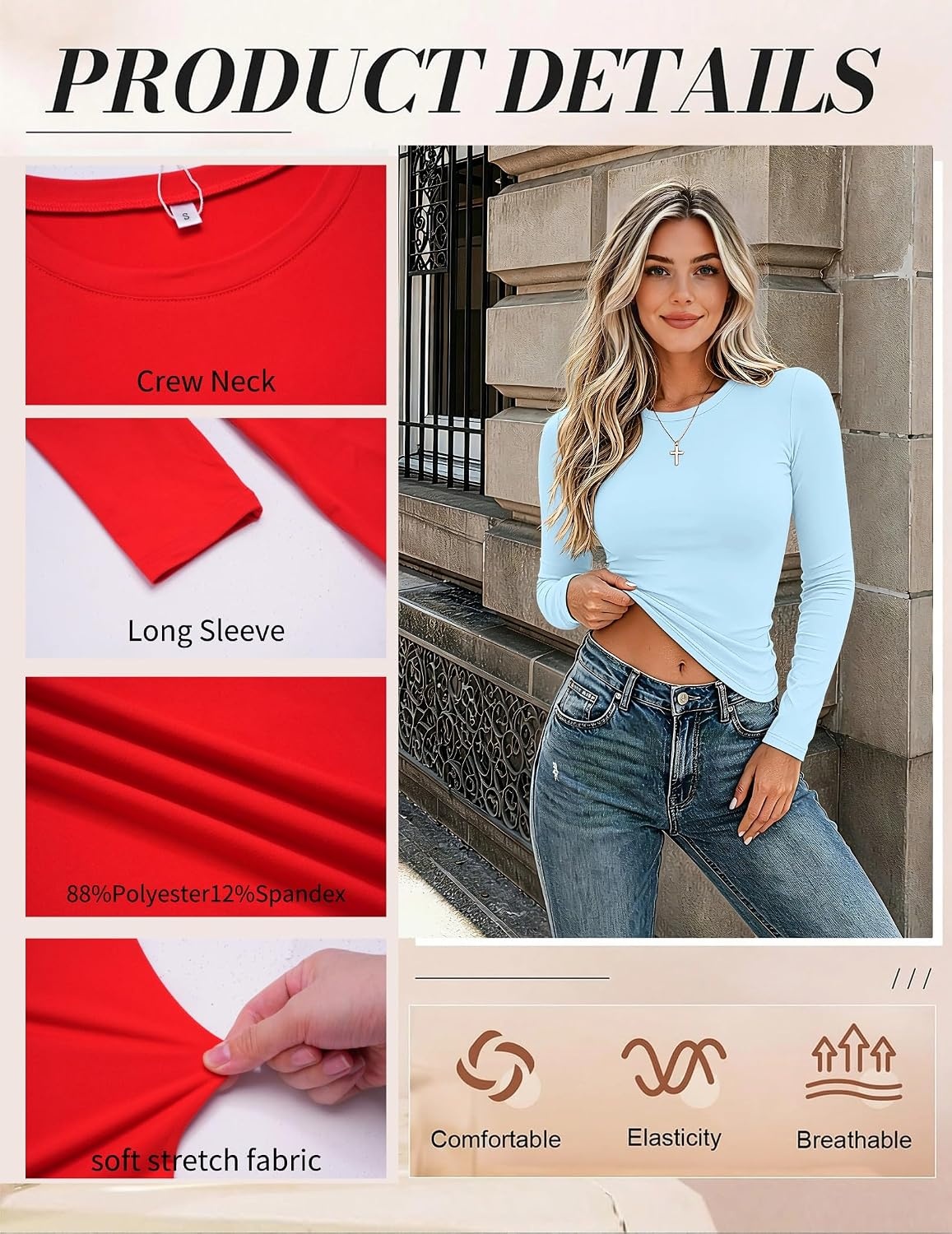 image:imageZeagoo Women Long Sleeve Shirts Slim Fit Going Out Tops Crewneck Basic TeeLight Blue