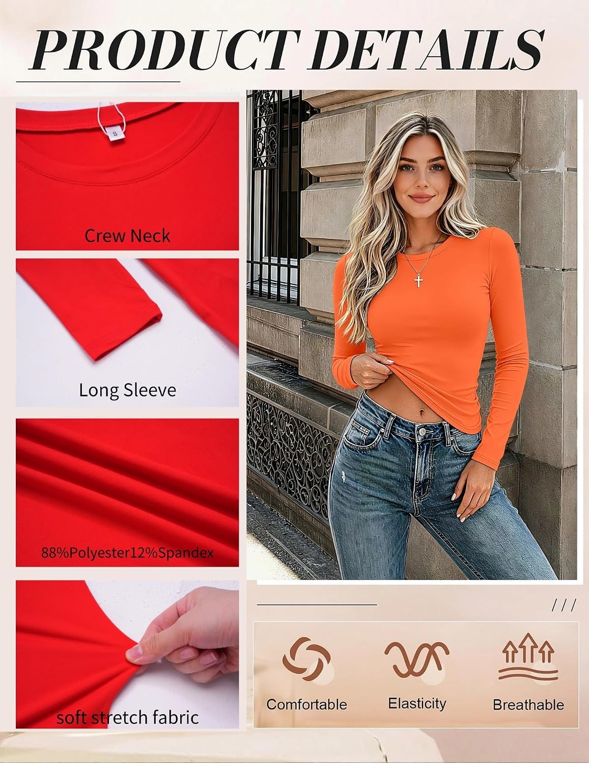 image:imageZeagoo Women Long Sleeve Shirts Slim Fit Going Out Tops Crewneck Basic TeeOrange