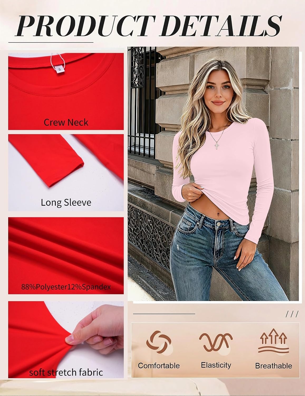 image:imageZeagoo Women Long Sleeve Shirts Slim Fit Going Out Tops Crewneck Basic TeePink