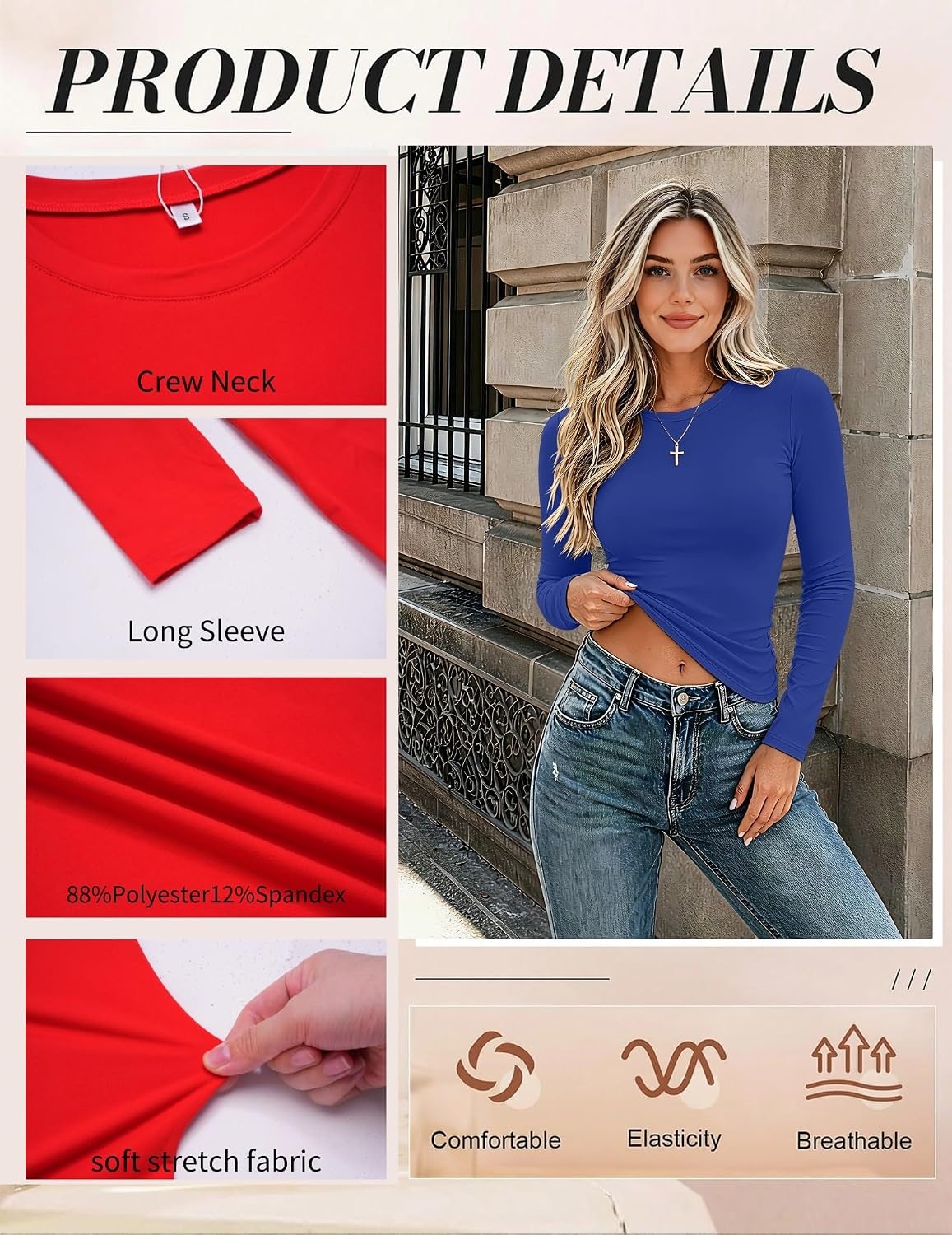 image:imageZeagoo Women Long Sleeve Shirts Slim Fit Going Out Tops Crewneck Basic TeeRoyal Blue