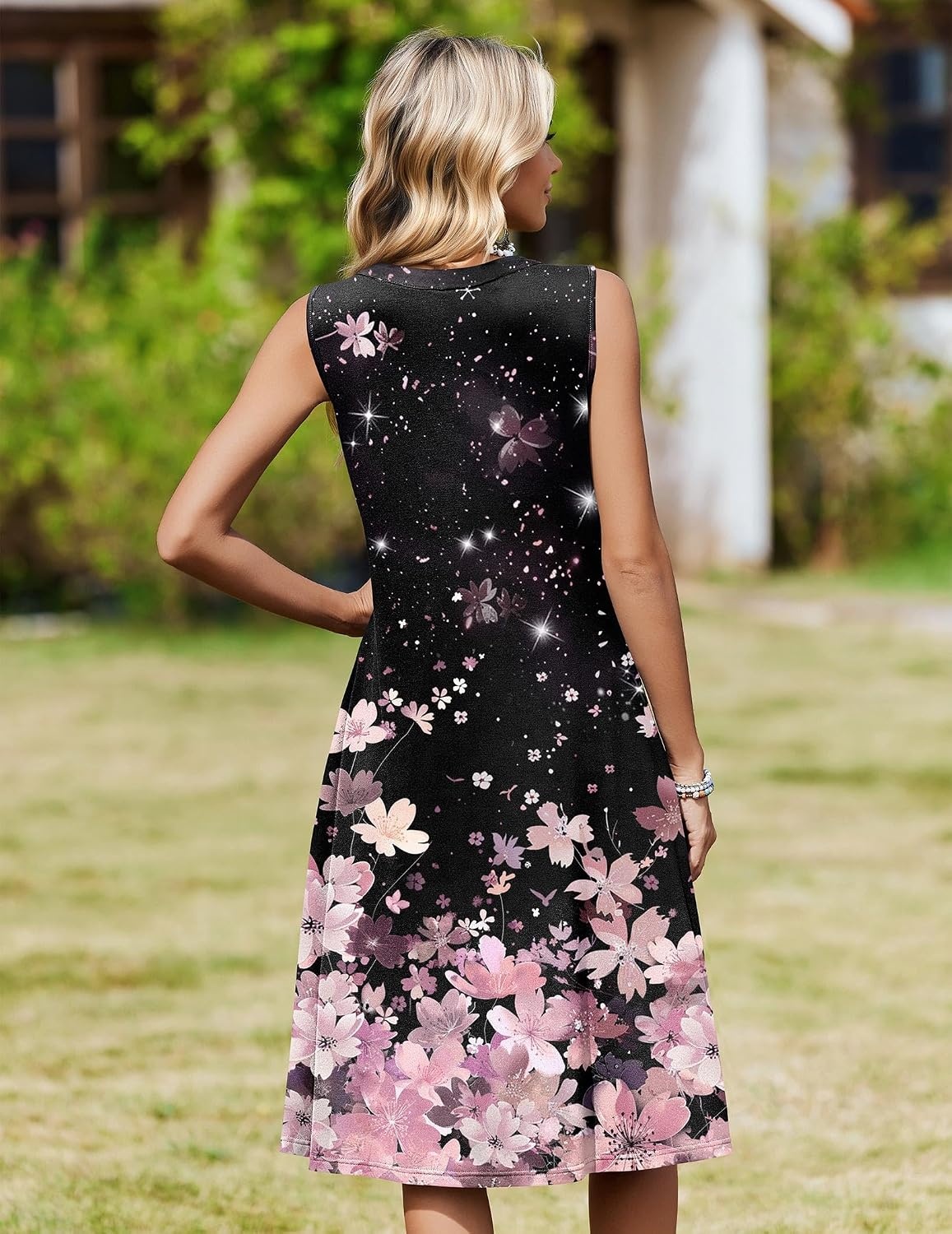 image:imageZeagoo Women Summer Casual Dress 2026 Sleeveless Midi Tank Sundress with Pockets V Neck Buttons Pleated A Line Tshirt DressBlack Pink Floral