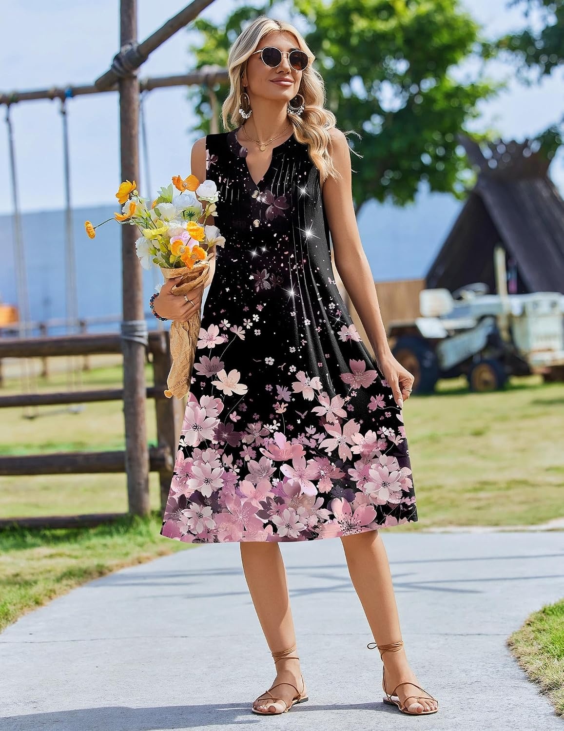 image:imageZeagoo Women Summer Casual Dress 2026 Sleeveless Midi Tank Sundress with Pockets V Neck Buttons Pleated A Line Tshirt DressBlack Pink Floral