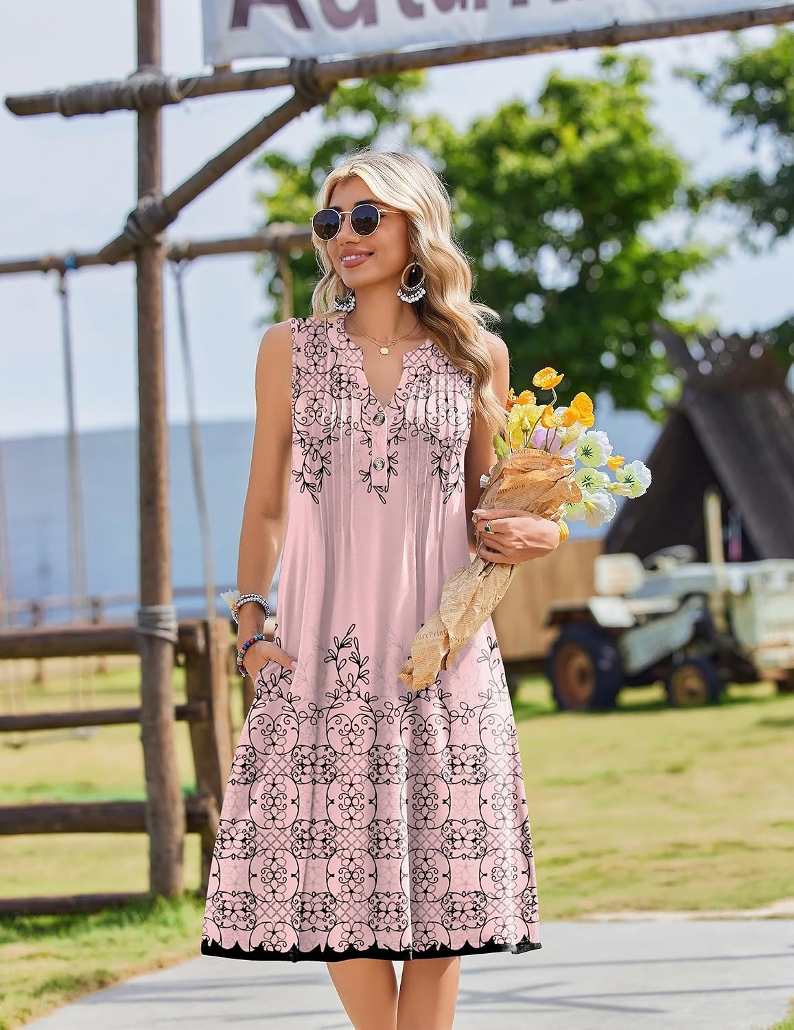 image:imageZeagoo Women Summer Casual Dress 2026 Sleeveless Midi Tank Sundress with Pockets V Neck Buttons Pleated A Line Tshirt DressPink Floral