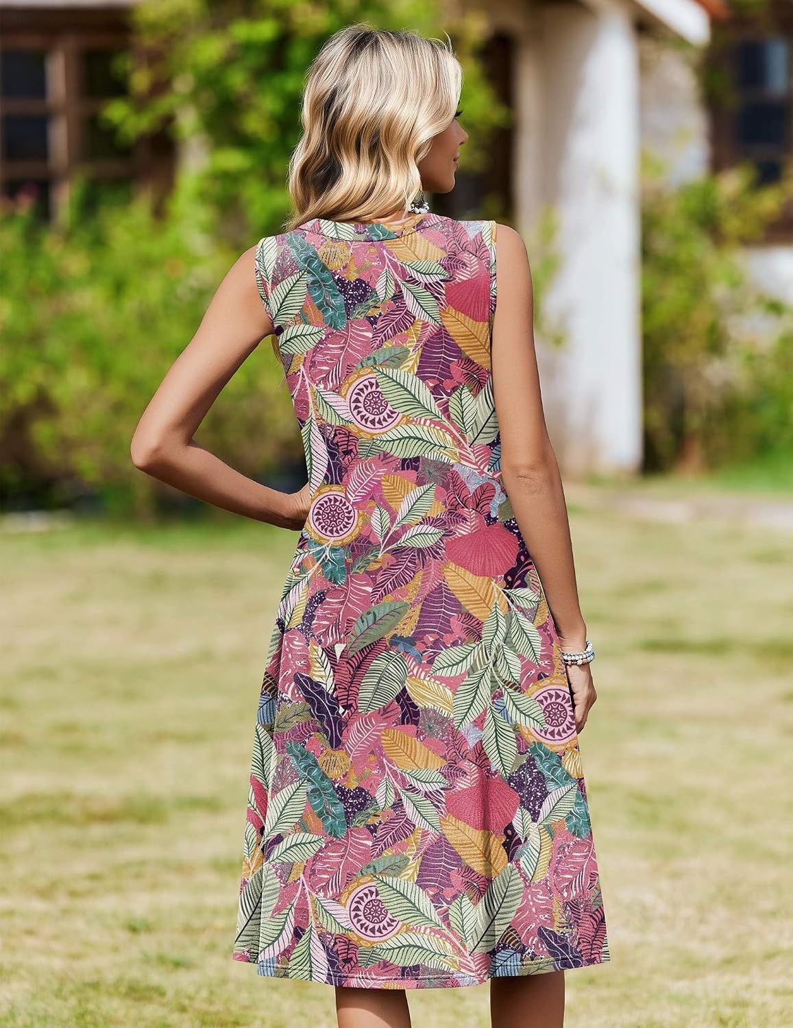image:imageZeagoo Women Summer Casual Dress 2026 Sleeveless Midi Tank Sundress with Pockets V Neck Buttons Pleated A Line Tshirt DressPink Green Leaf