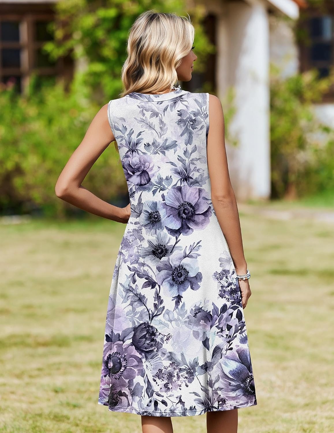 image:imageZeagoo Women Summer Casual Dress 2026 Sleeveless Midi Tank Sundress with Pockets V Neck Buttons Pleated A Line Tshirt DressPurple Floral