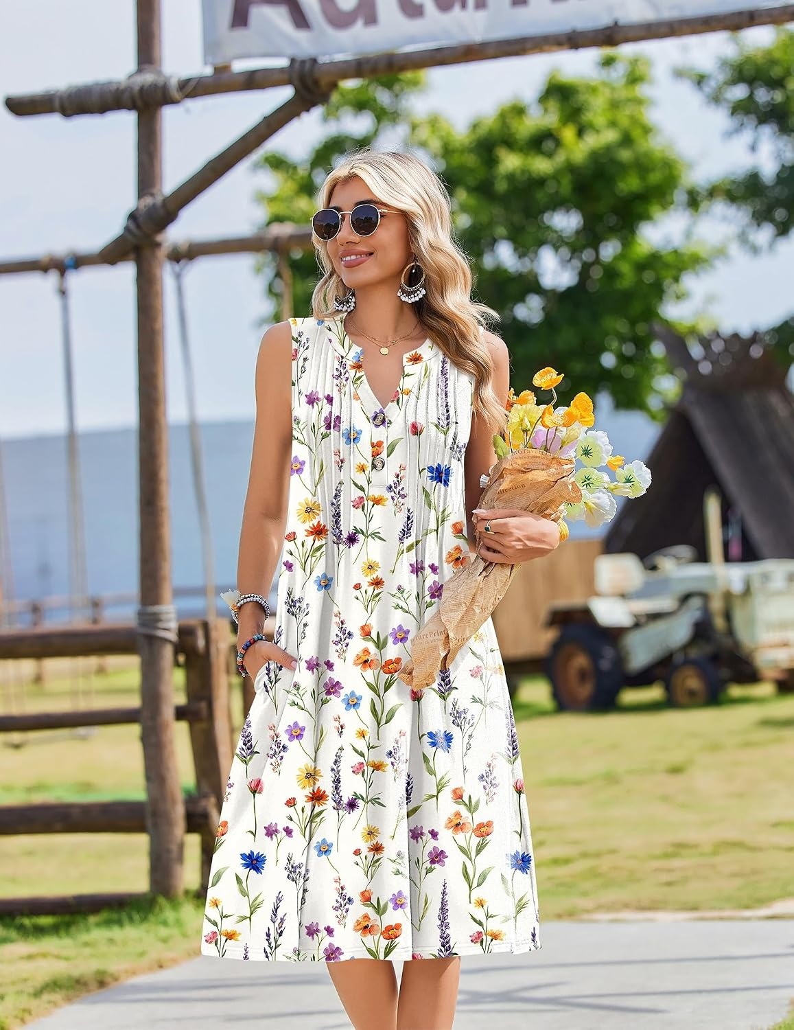 image:imageZeagoo Women Summer Casual Dress 2026 Sleeveless Midi Tank Sundress with Pockets V Neck Buttons Pleated A Line Tshirt DressYellow Orange Floral