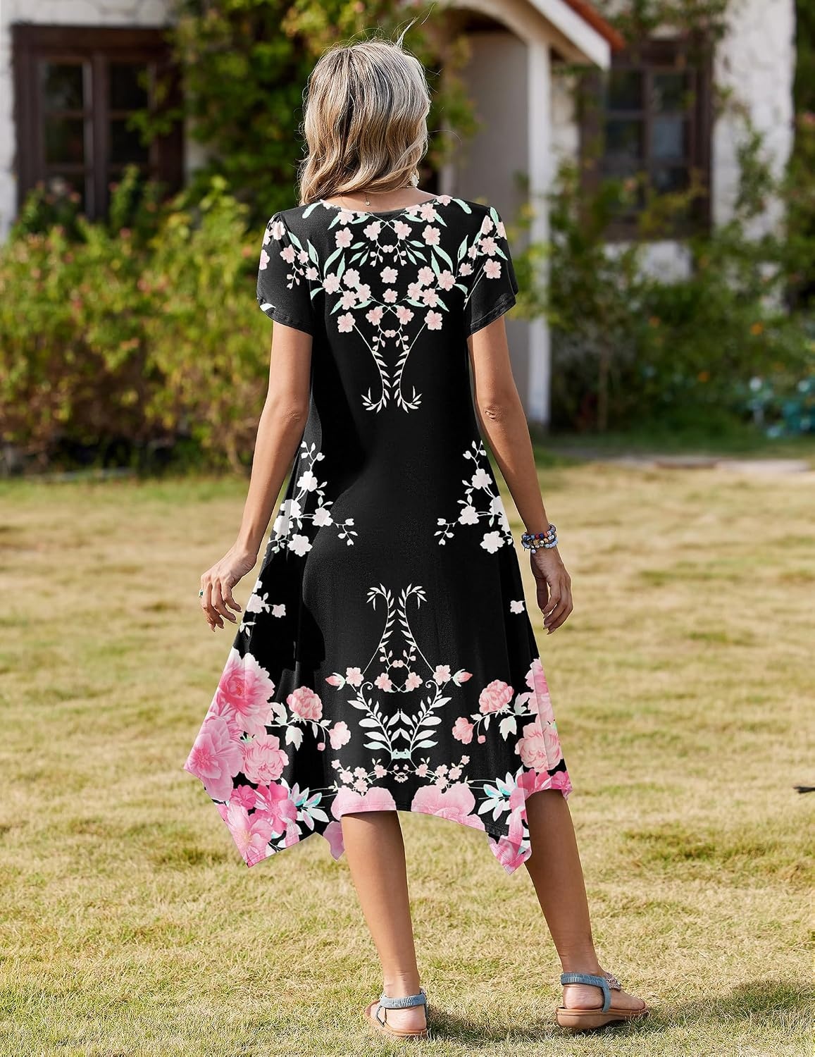 image:imageZeagoo Womens Casual Dress for Summer Loose Hankerchief Flare Midi SundressBlack Pink Flower