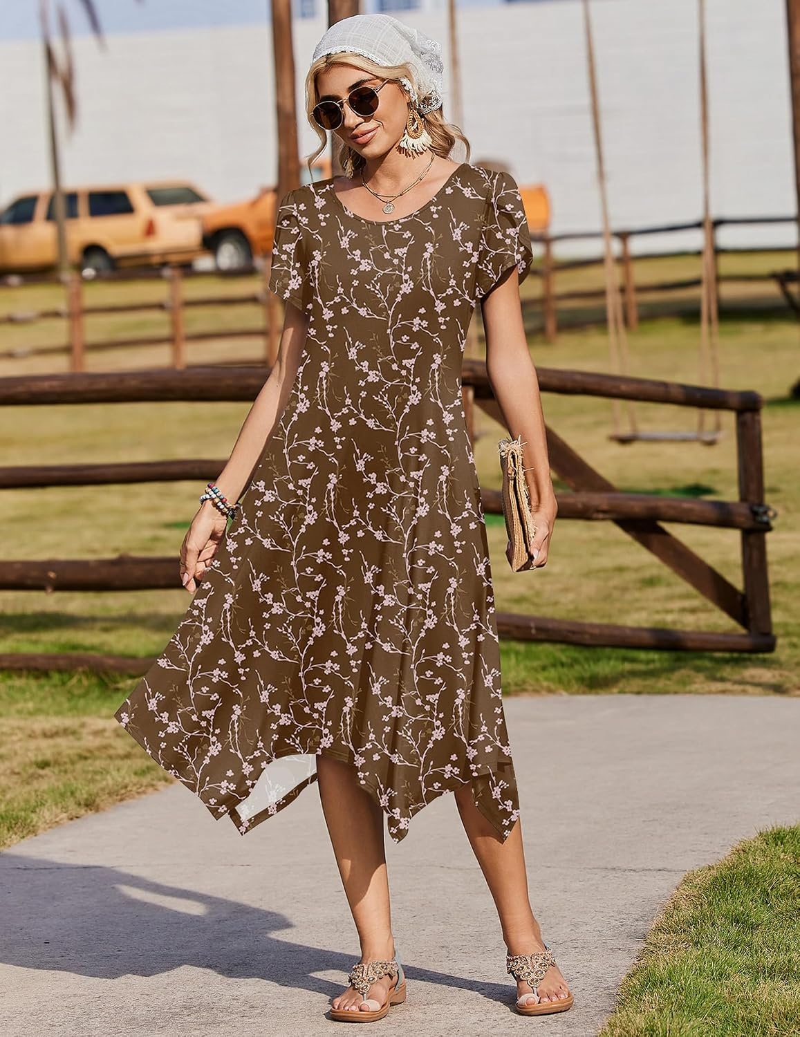 image:imageZeagoo Womens Casual Dress for Summer Loose Hankerchief Flare Midi SundressCoffee