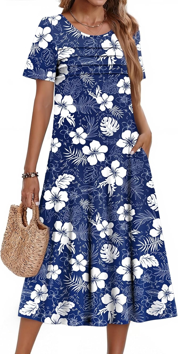 image:imageZeagoo Womens Casual Dresses for Summer Short Sleeve Flare Midi Dress Beach02 Navy Floral