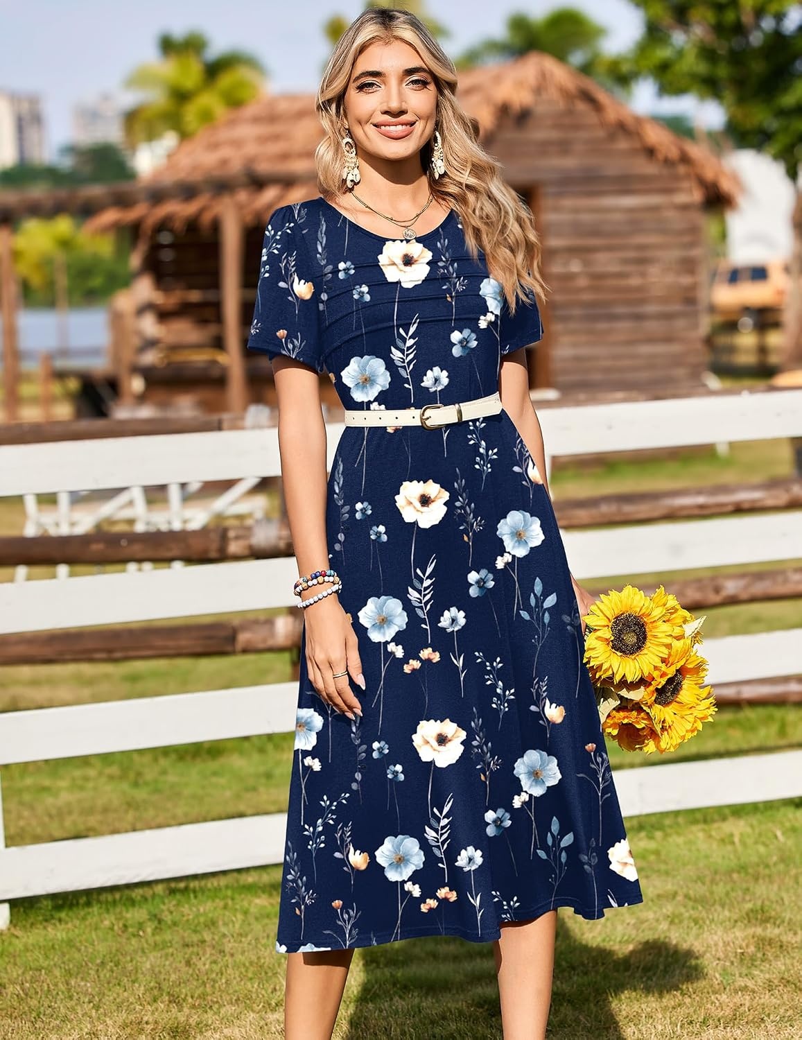 image:imageZeagoo Womens Casual Dresses for Summer Short Sleeve Flare Midi Dress Beach04 Navy Floral