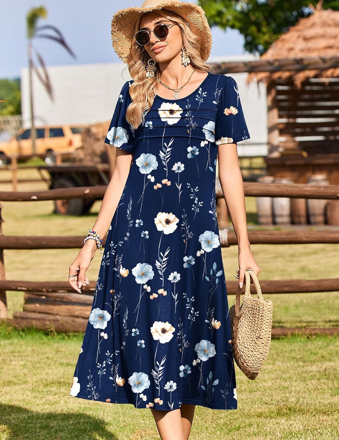 image:imageZeagoo Womens Casual Dresses for Summer Short Sleeve Flare Midi Dress Beach04 Navy Floral