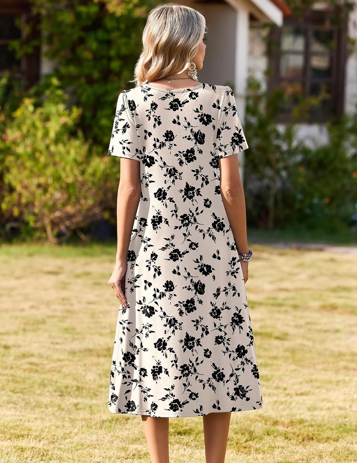 image:imageZeagoo Womens Casual Dresses for Summer Short Sleeve Flare Midi Dress BeachBeige Floral